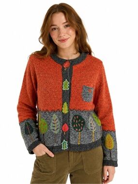 VTG In Stitches Wool Blend Cardigan Sweater Sz Medium Orange Embroidered Whimsy